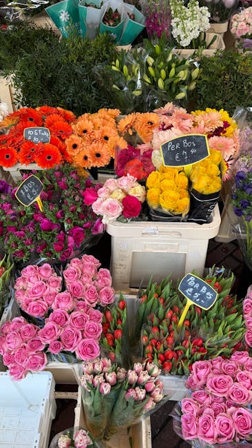 An assortment of fresh flowers arranged in a flower stall, featuring vibrant pink roses, red tulips, and orange gerbera daisies, alongside yellow roses in a small black bucket. Above, there are white 